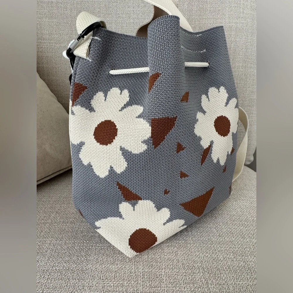 New Blue, Mocha & Flowers Woven Bucket Bag Handbag Purse w/ Dachshund Charm